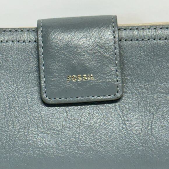 Fossil Wallet Bi-Fold Snap Gray Tan Leather Snap Zip Neutral Lightweight - Picture 3 of 13